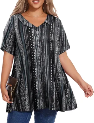 OVERWORETY Women's Plus Size T-Shirt Short Sleeve Lapel V Neck Loose Fitted Polo Tunic Tops