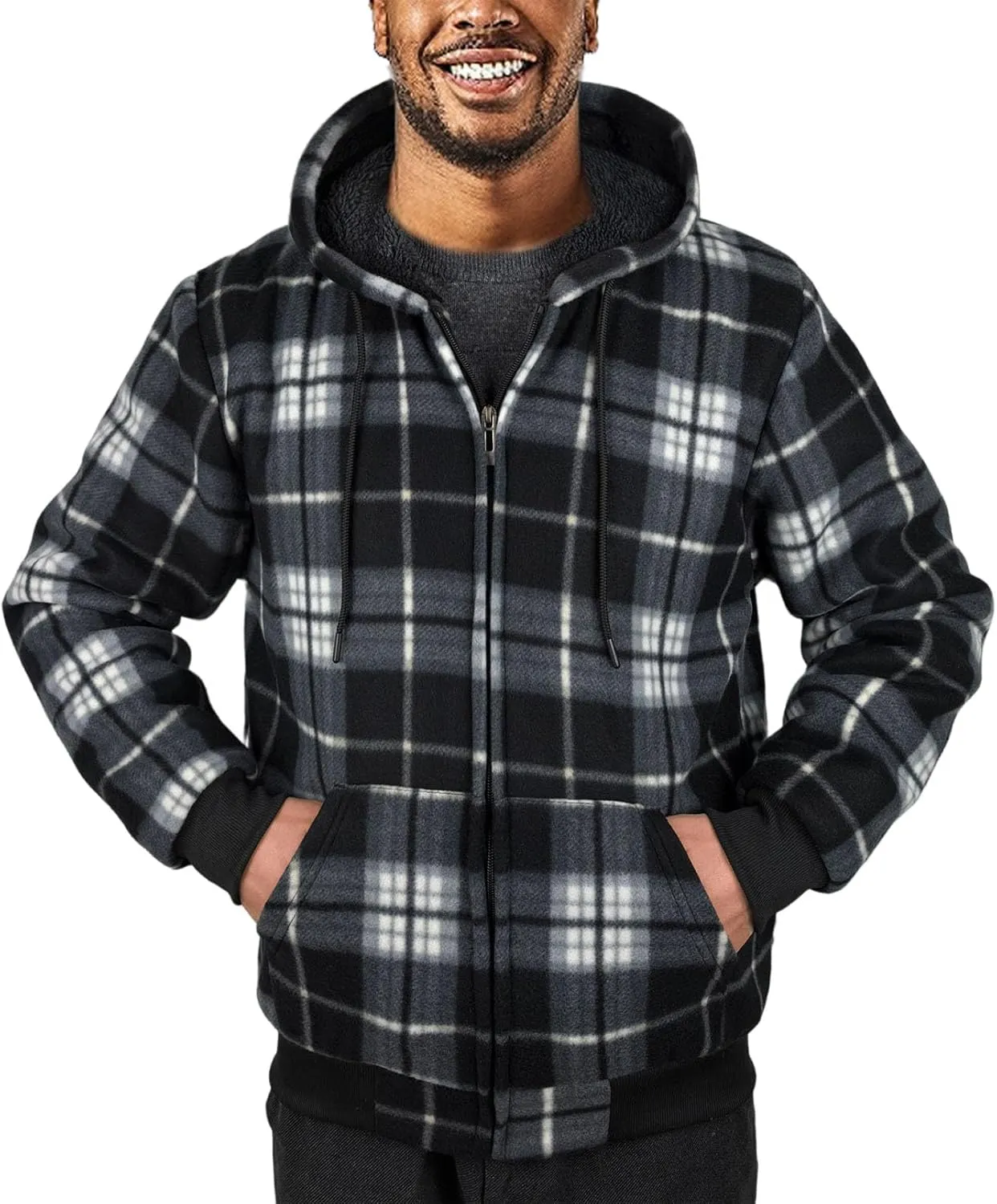 Plaid Flannel Hoodie for Men Sherpa Lined Jacket Fleece Full Zip Up Coat Winter Warm Thermal Sweatshirts Long Sleeve