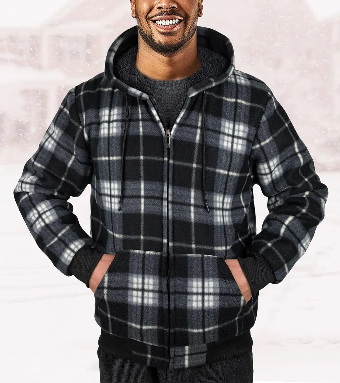 Plaid Flannel Hoodie for Men Sherpa Lined Jacket Fleece Full Zip Up Coat Winter Warm Thermal Sweatshirts Long Sleeve