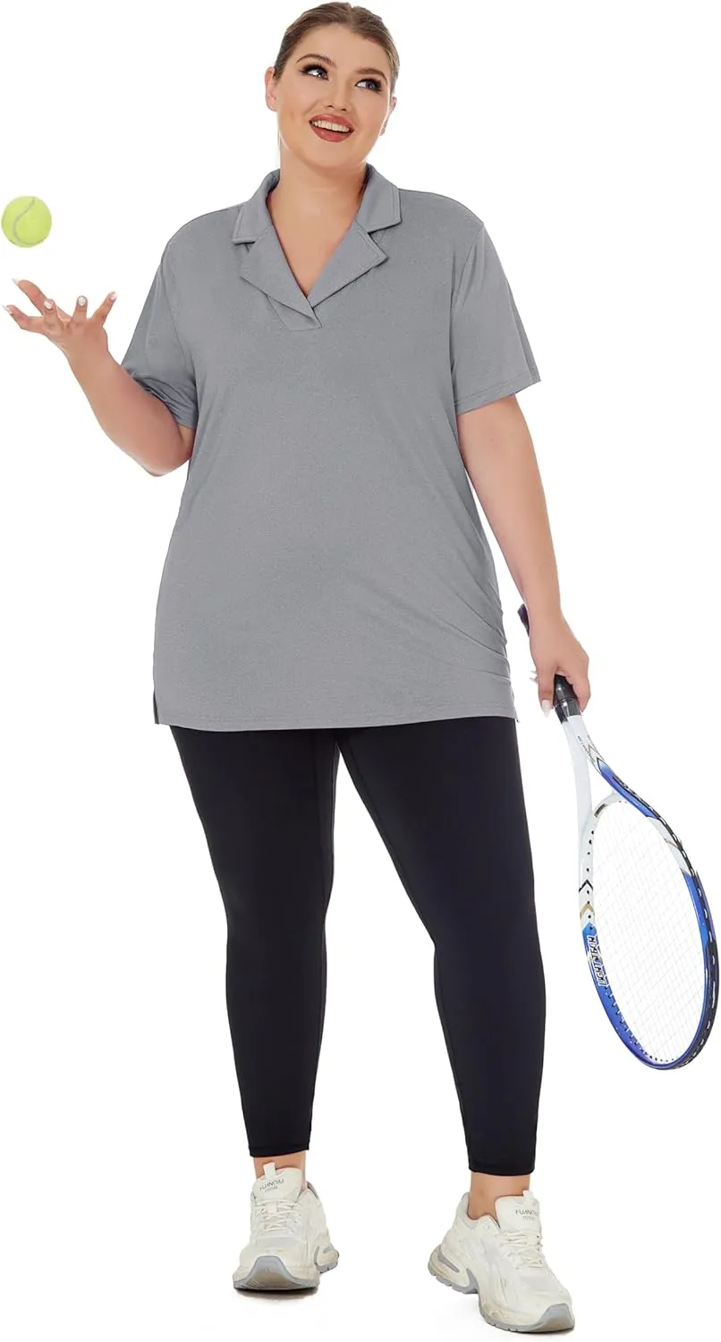 Plus Size Polo Shirts for Women Short Sleeve Golf Shirts V Neck Loose Fit Tennis Shirts Quick-Drying Workout Tops