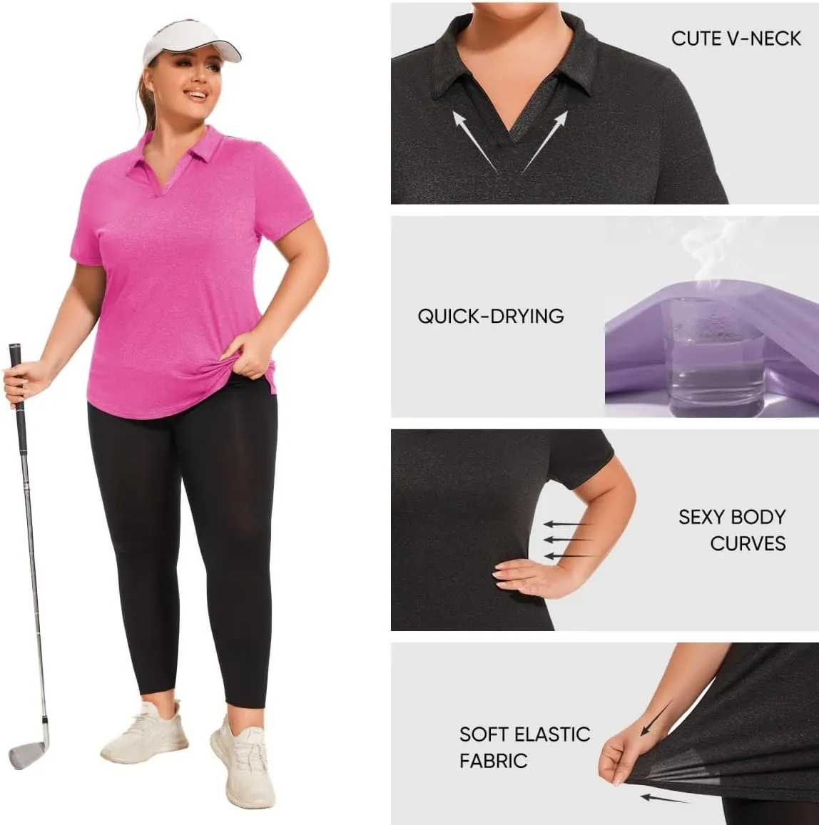 Plus Size Polo Shirts for Women Short Sleeve Golf Shirts V Neck Loose Fit Tennis Shirts Quick-Drying Workout Tops