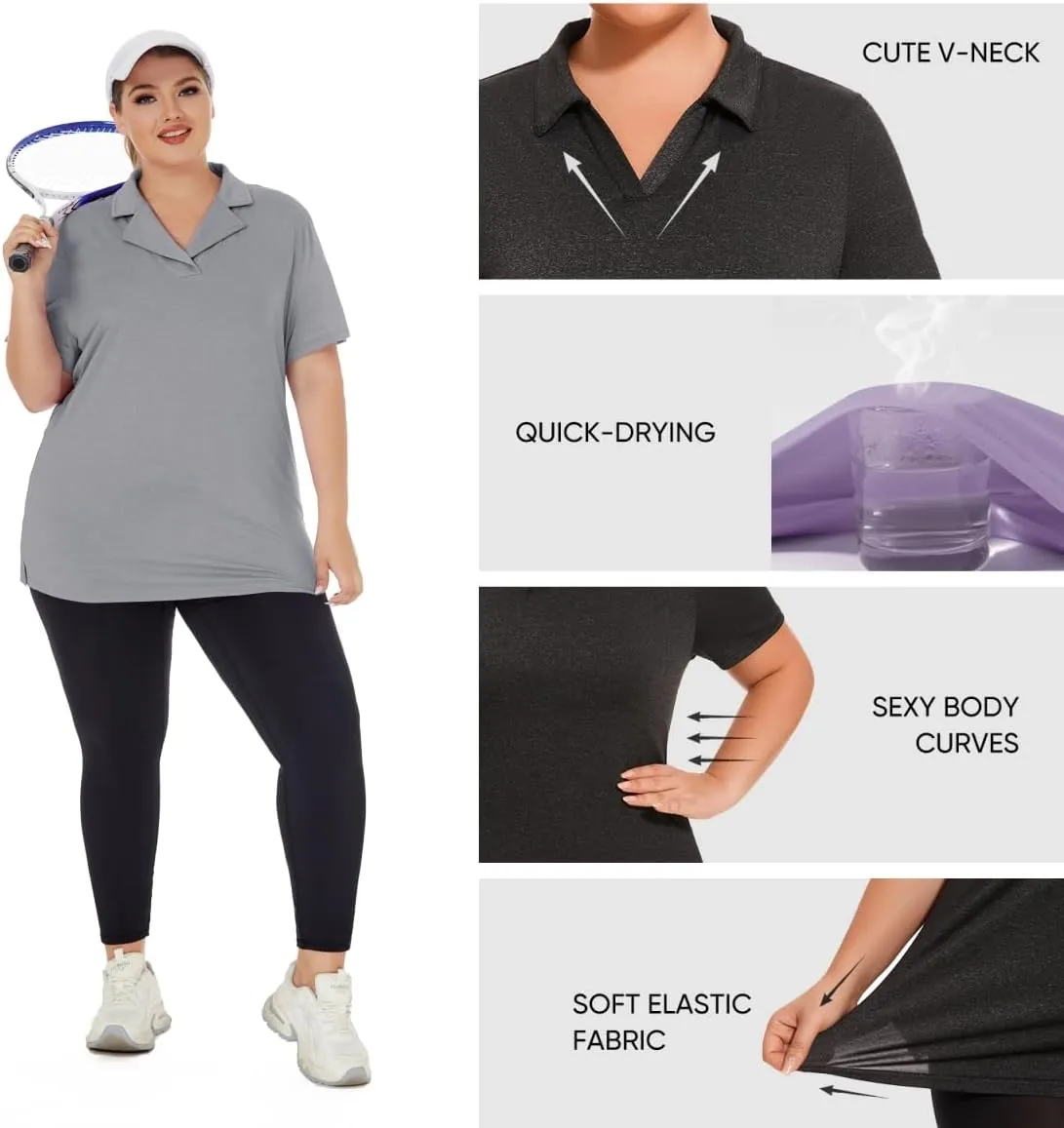 Plus Size Polo Shirts for Women Short Sleeve Golf Shirts V Neck Loose Fit Tennis Shirts Quick-Drying Workout Tops