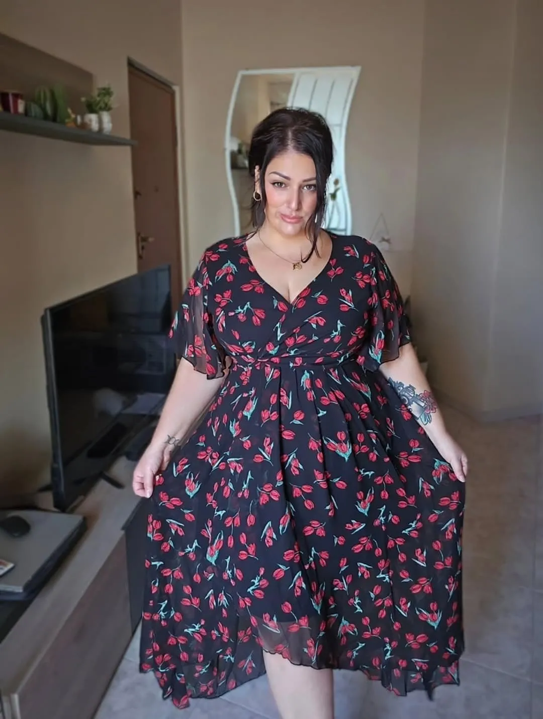 Rosegal Women Plus Size High Low Hem V Neck Ruffle Flutter Sleeves Chiffon Maxi Floral Flowy Dress