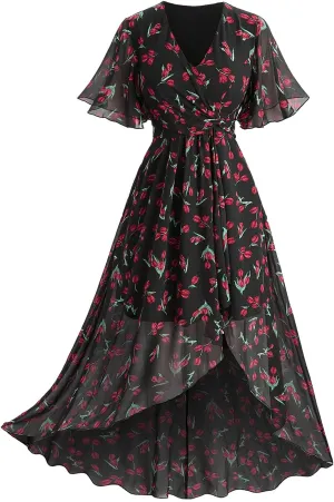 Rosegal Women Plus Size High Low Hem V Neck Ruffle Flutter Sleeves Chiffon Maxi Floral Flowy Dress