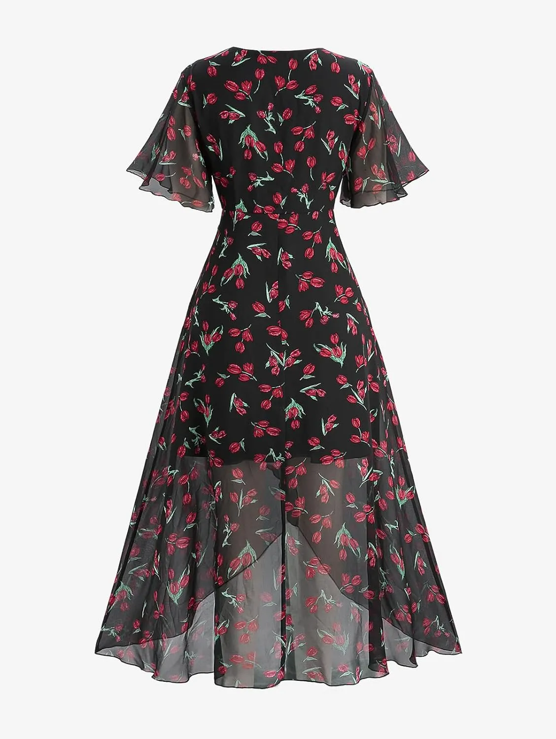 Rosegal Women Plus Size High Low Hem V Neck Ruffle Flutter Sleeves Chiffon Maxi Floral Flowy Dress