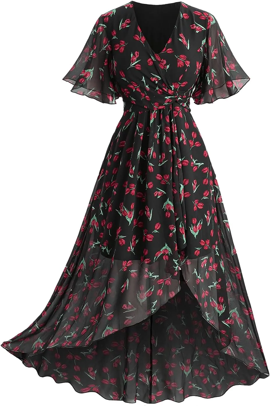 Rosegal Women Plus Size High Low Hem V Neck Ruffle Flutter Sleeves Chiffon Maxi Floral Flowy Dress