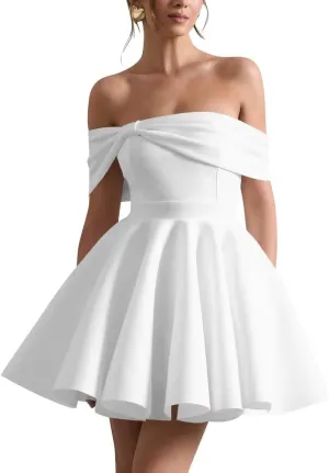 Satin Wedding Dresses for Bride Off Shoulder Bowknot Short Homecoming Dresses Puffy Sleeves Prom Dress with Pockets