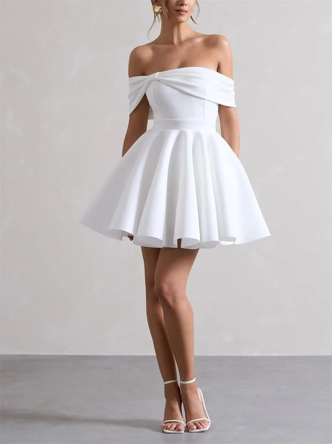 Satin Wedding Dresses for Bride Off Shoulder Bowknot Short Homecoming Dresses Puffy Sleeves Prom Dress with Pockets