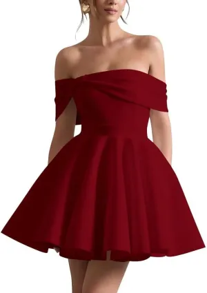 Satin Wedding Dresses for Bride Off Shoulder Bowknot Short Homecoming Dresses Puffy Sleeves Prom Dress with Pockets