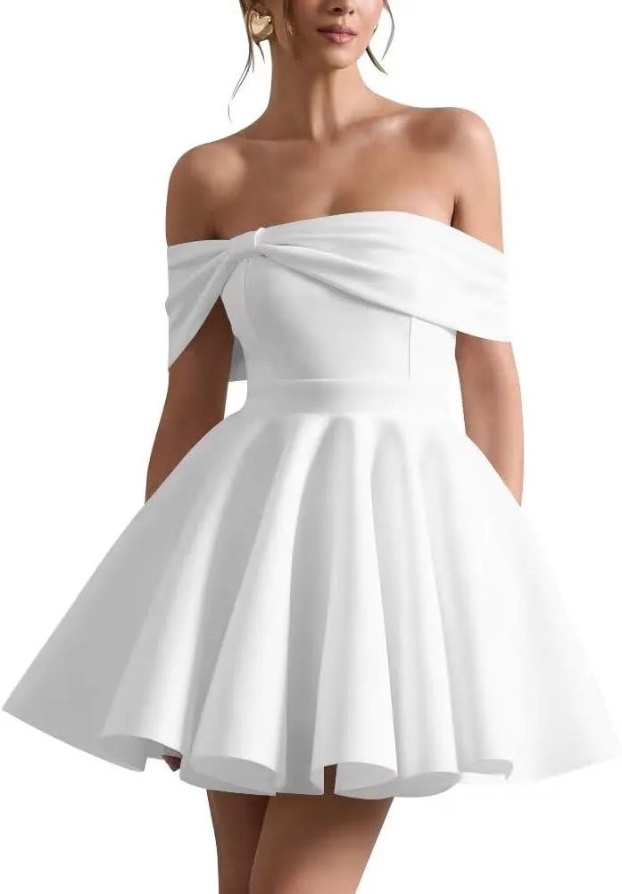 Satin Wedding Dresses for Bride Off Shoulder Bowknot Short Homecoming Dresses Puffy Sleeves Prom Dress with Pockets