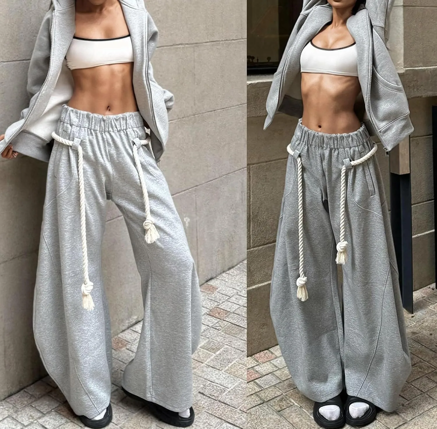 Tbahhir Barrel Wide Leg Sweatpants for Women Solid Color High Waisted Baggy Lounge Pants Drawstring Athletic Joggers