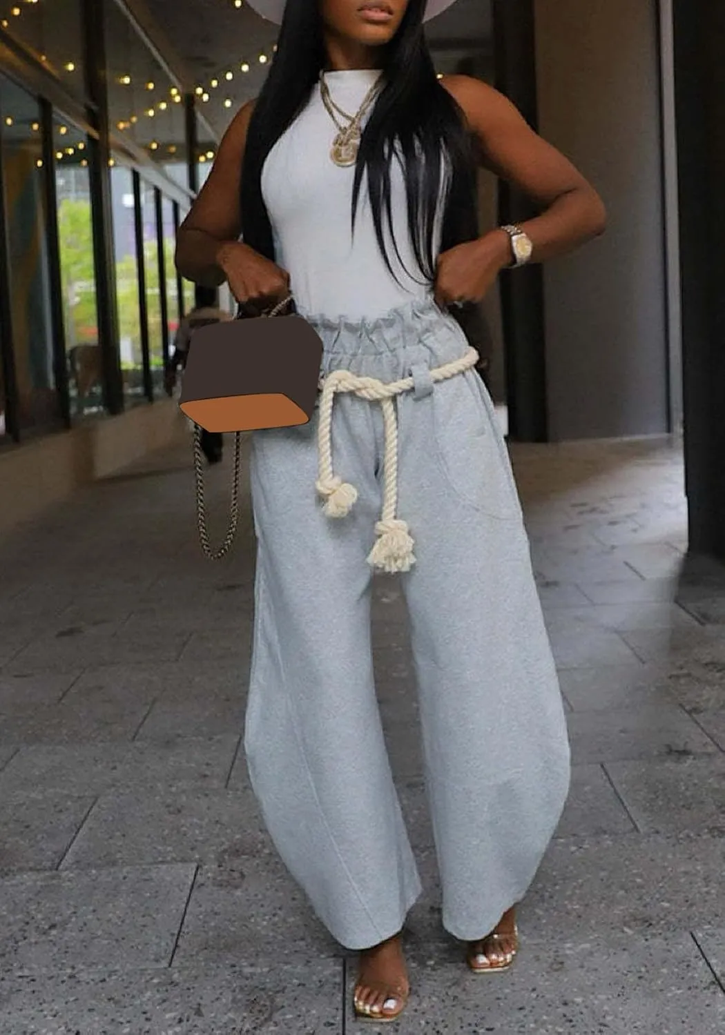 Tbahhir Barrel Wide Leg Sweatpants for Women Solid Color High Waisted Baggy Lounge Pants Drawstring Athletic Joggers