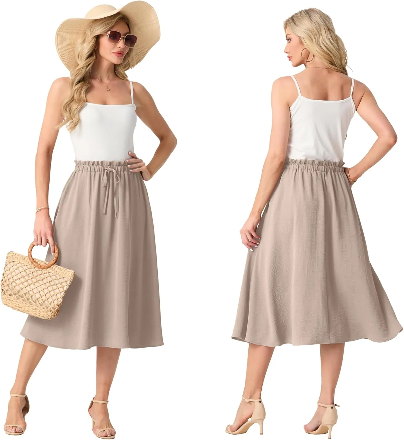 Womens Causal High Waisted Summer Midi Skirts Flowy Palazzo A-Line Long Skirt with Pockets