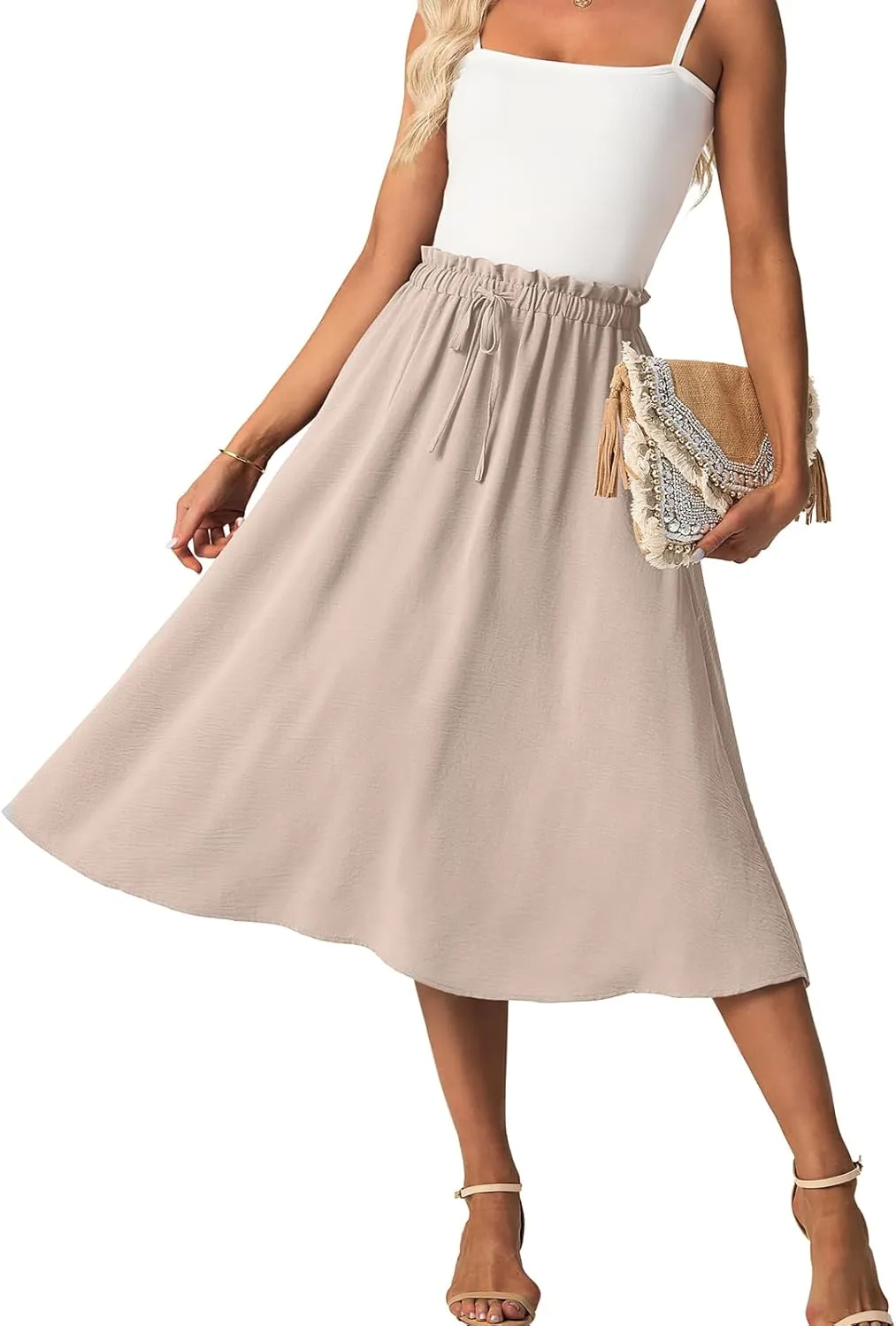 Womens Causal High Waisted Summer Midi Skirts Flowy Palazzo A-Line Long Skirt with Pockets