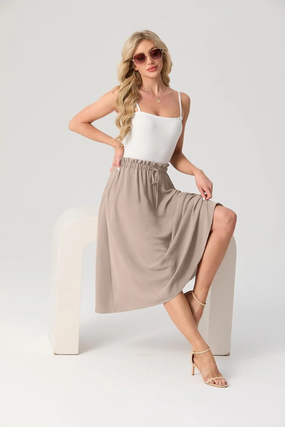 Womens Causal High Waisted Summer Midi Skirts Flowy Palazzo A-Line Long Skirt with Pockets