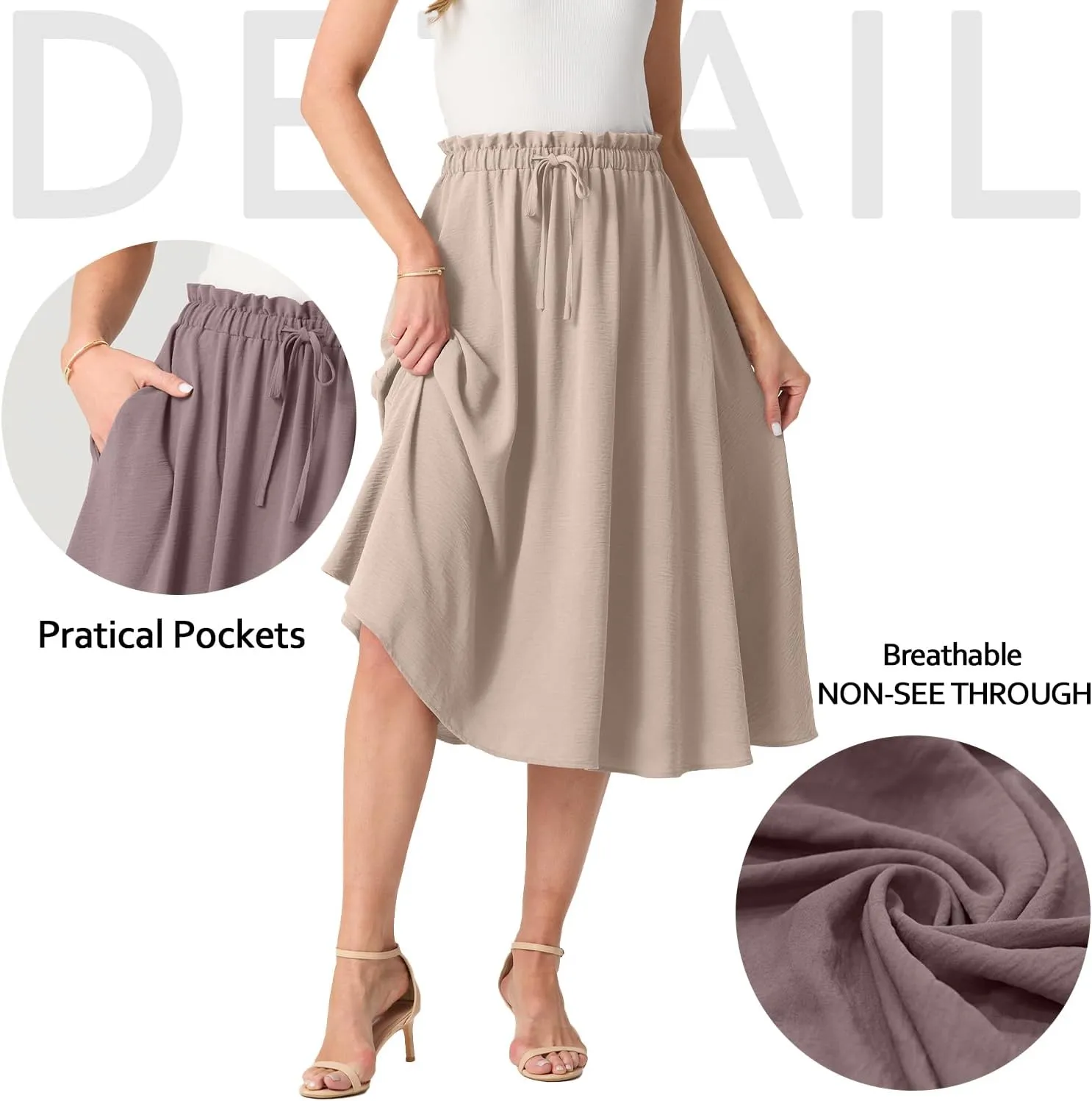 Womens Causal High Waisted Summer Midi Skirts Flowy Palazzo A-Line Long Skirt with Pockets