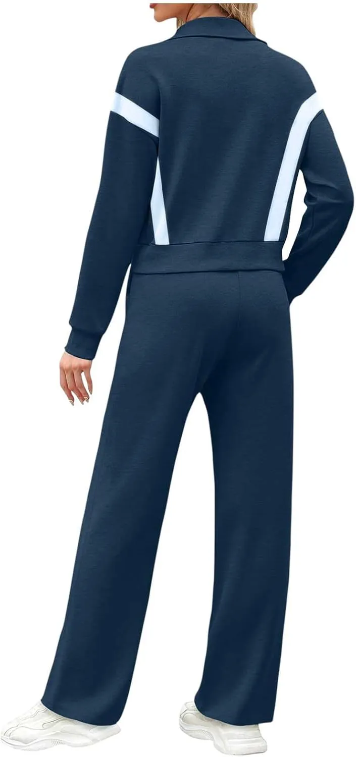 Womens Color Block Tracksuit 2 Pieces Outfits Long Sleeve Zipper Jacket and Pants Sportswear Sweatsuits with Pocket