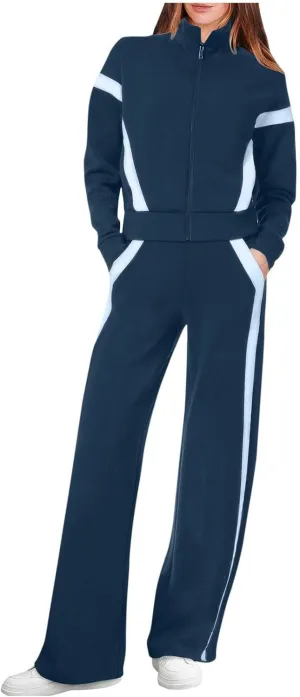 Womens Color Block Tracksuit 2 Pieces Outfits Long Sleeve Zipper Jacket and Pants Sportswear Sweatsuits with Pocket