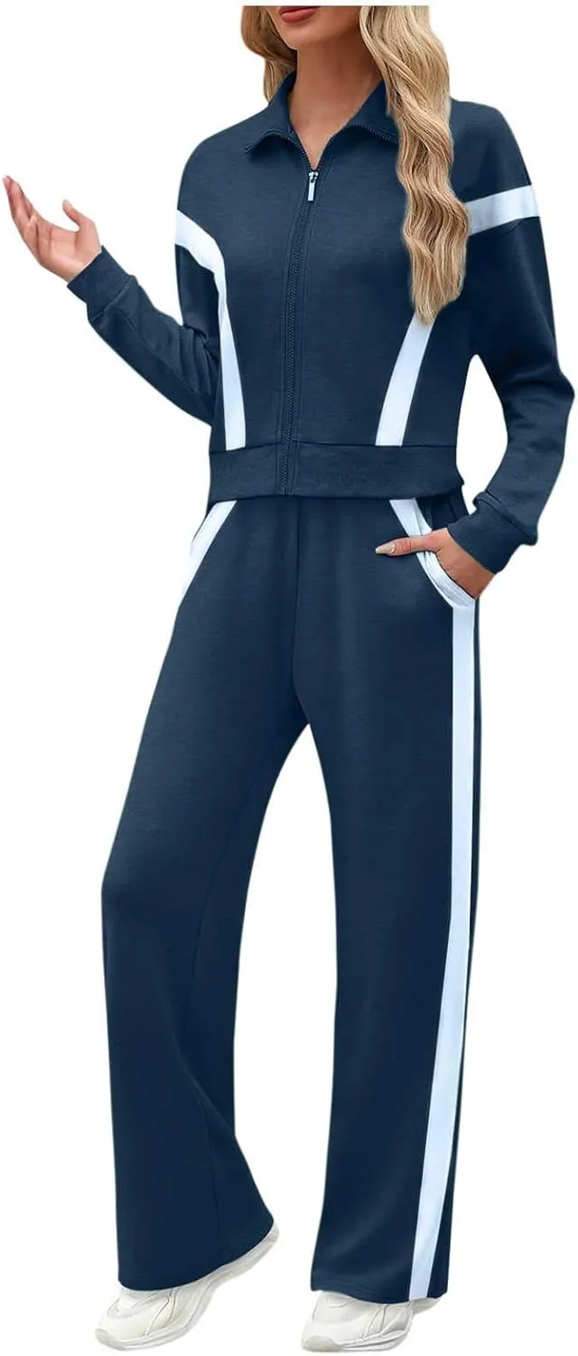 Womens Color Block Tracksuit 2 Pieces Outfits Long Sleeve Zipper Jacket and Pants Sportswear Sweatsuits with Pocket