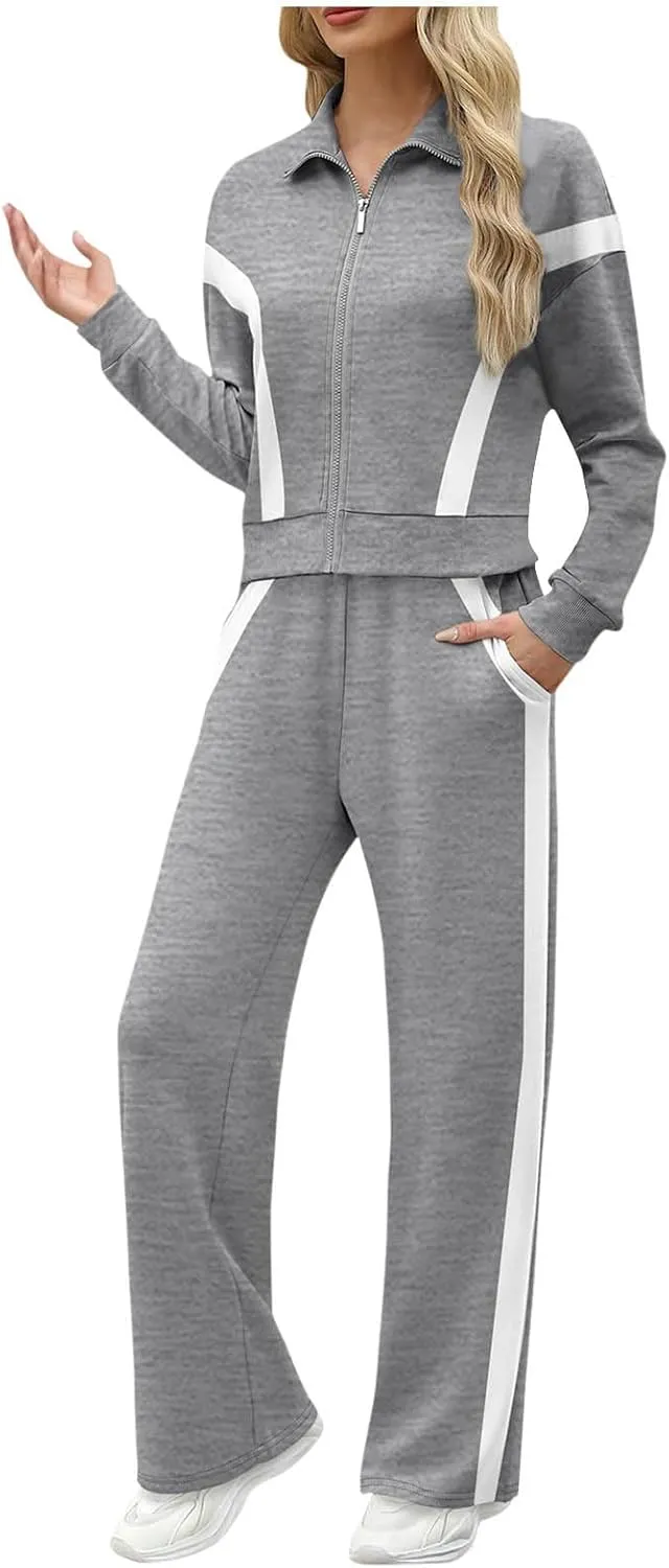 Womens Color Block Tracksuit 2 Pieces Outfits Long Sleeve Zipper Jacket and Pants Sportswear Sweatsuits with Pocket