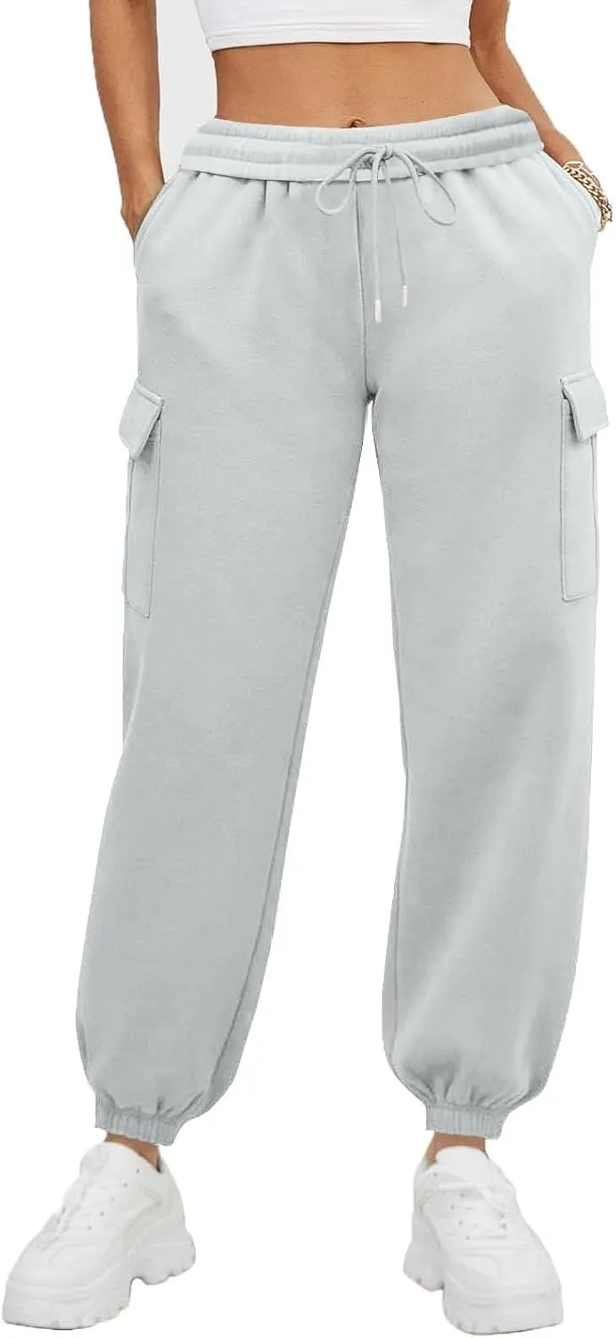 Women's Fleece Cargo Sweatpants Y2k Comfy Casual Baggy Sweat Pants Warm High Waist Workout Jogger Pants with Pockets
