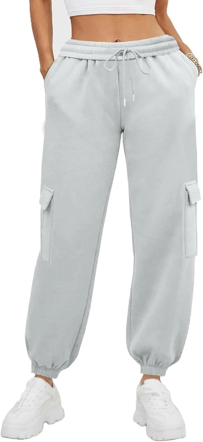 Women's Fleece Cargo Sweatpants Y2k Comfy Casual Baggy Sweat Pants Warm High Waist Workout Jogger Pants with Pockets