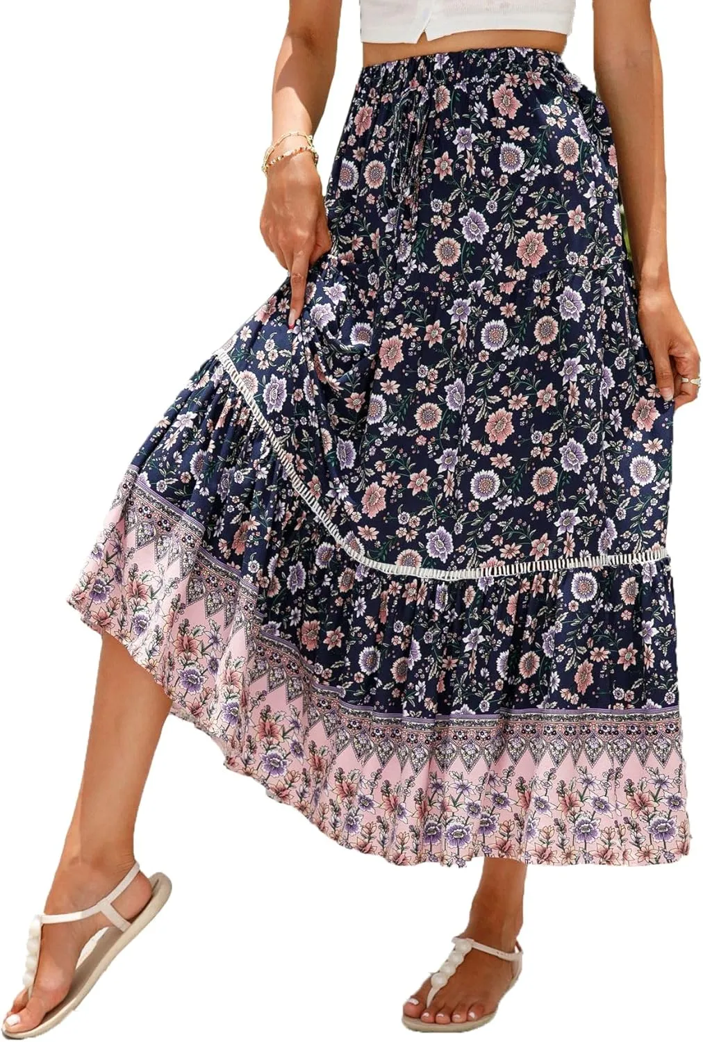 Women's Floral Boho Maxi Skirt Elastic High Waist Flowy A Line Bohemian Long Skirt