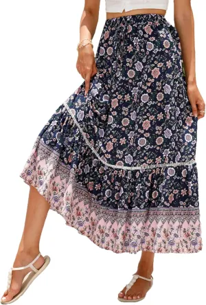 Women's Floral Boho Maxi Skirt Elastic High Waist Flowy A Line Bohemian Long Skirt