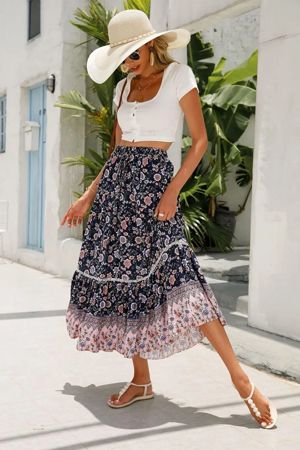Women's Floral Boho Maxi Skirt Elastic High Waist Flowy A Line Bohemian Long Skirt