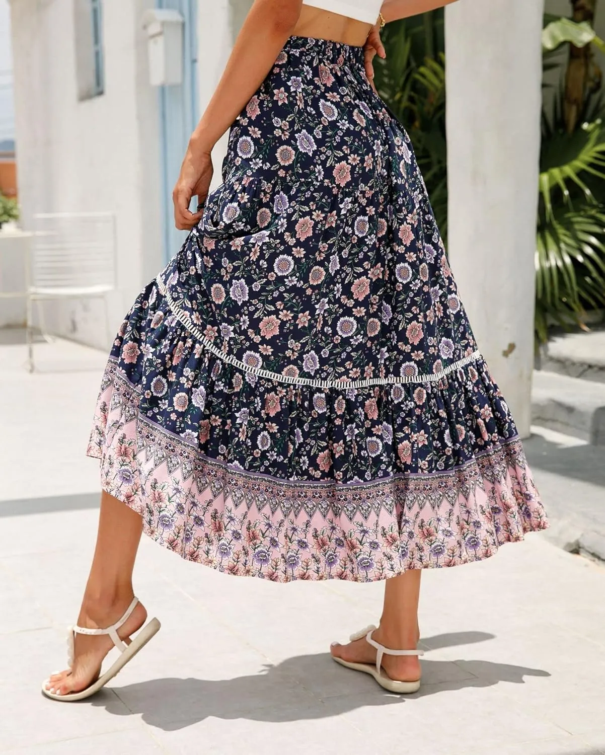 Women's Floral Boho Maxi Skirt Elastic High Waist Flowy A Line Bohemian Long Skirt