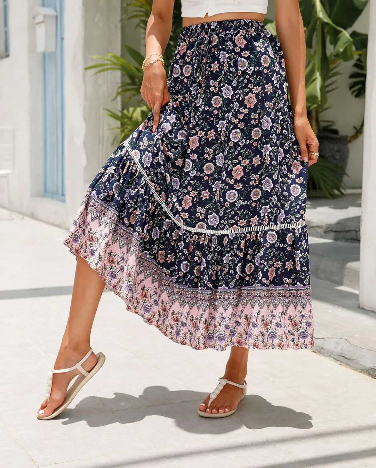 Women's Floral Boho Maxi Skirt Elastic High Waist Flowy A Line Bohemian Long Skirt
