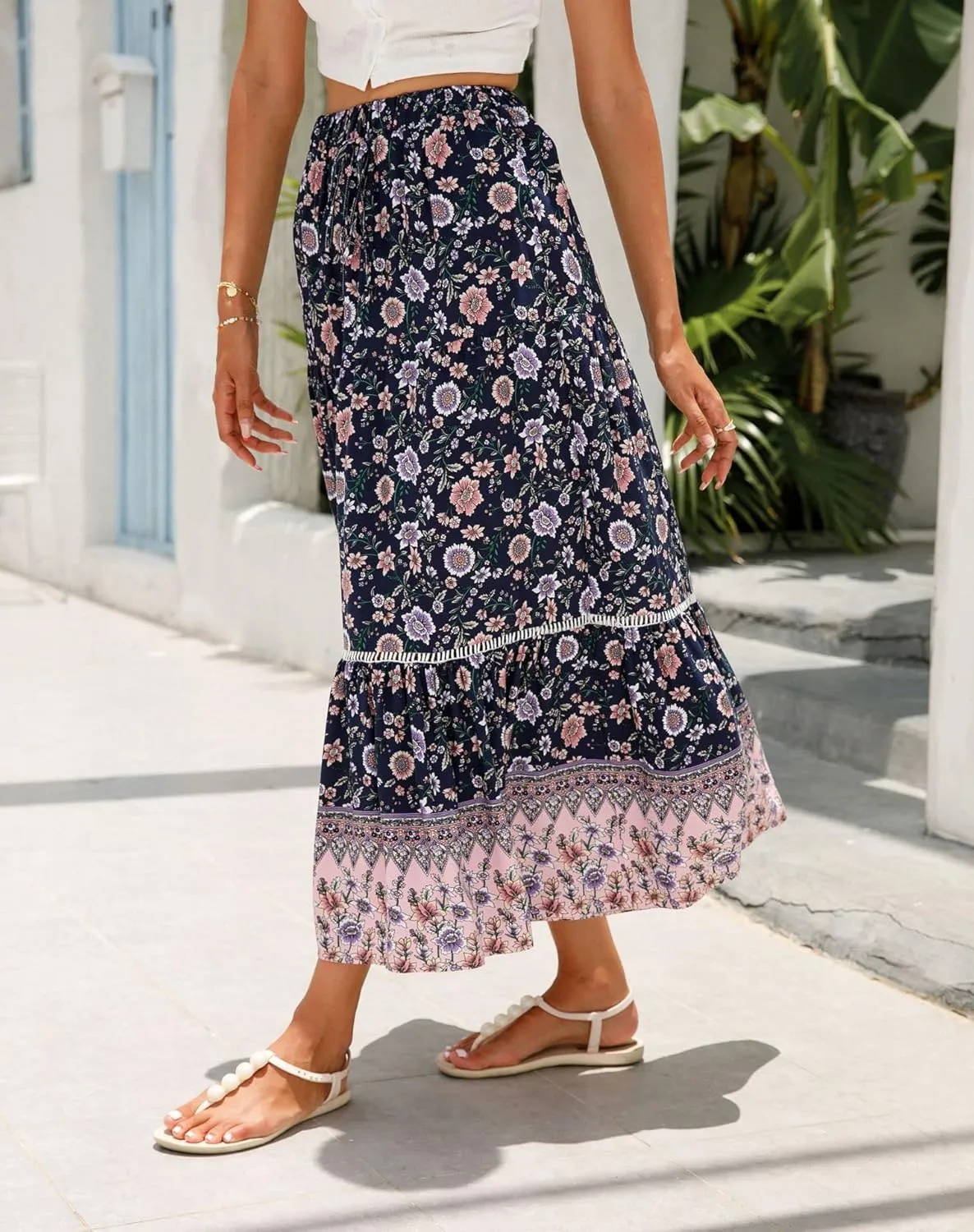 Women's Floral Boho Maxi Skirt Elastic High Waist Flowy A Line Bohemian Long Skirt