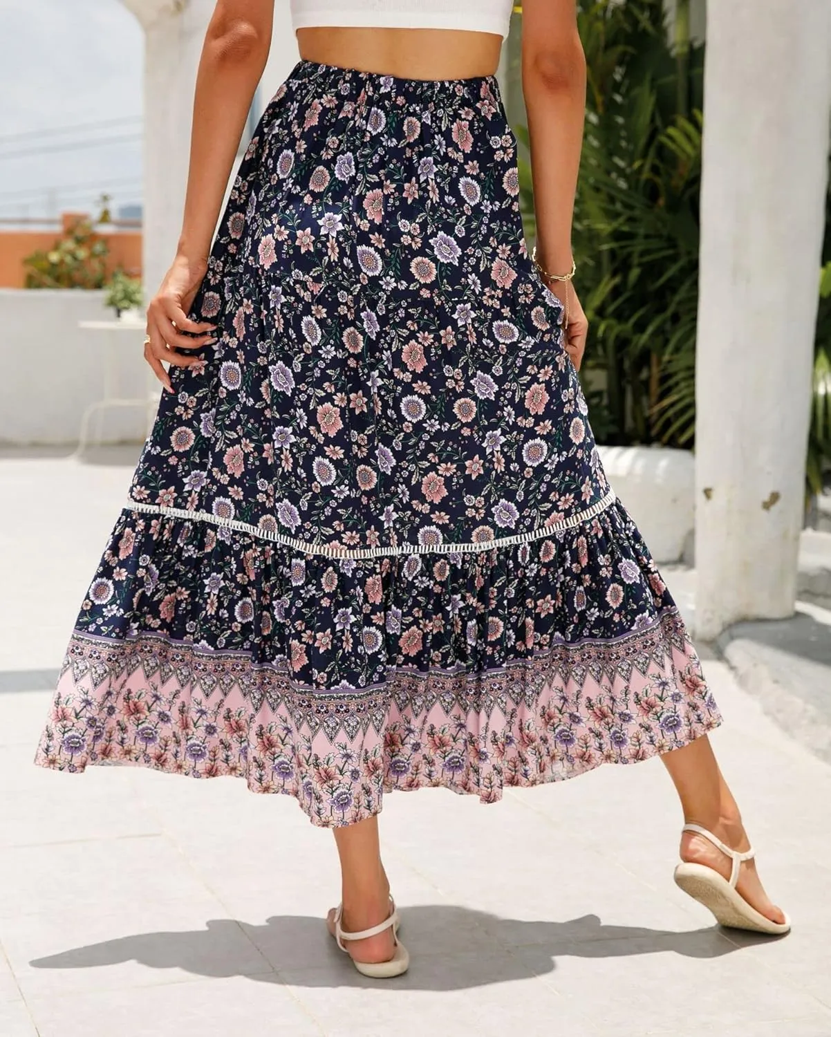 Women's Floral Boho Maxi Skirt Elastic High Waist Flowy A Line Bohemian Long Skirt