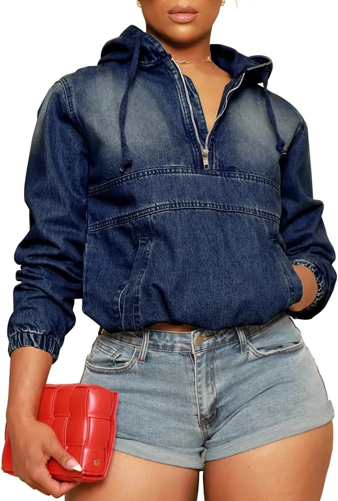 Women's Half Zip Denim Hoodie Pullover Jacket Jean Tops