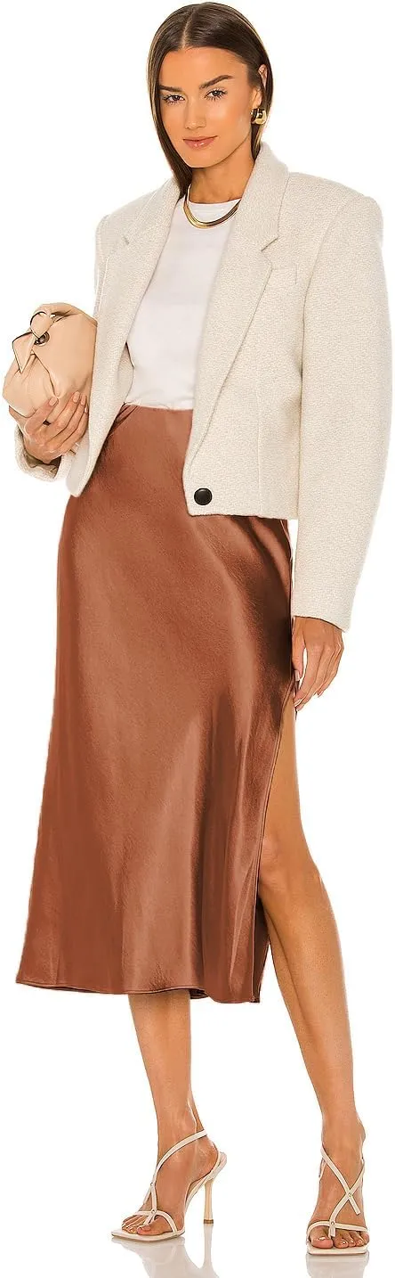 Womens Satin Midi Skirt Elastic High Waist Silky A Line Slit Skirts