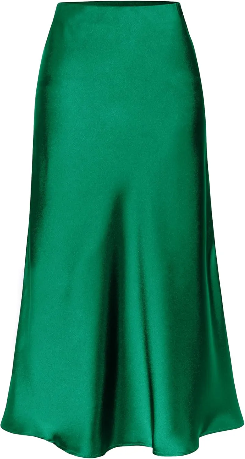 Womens Satin Midi Skirt Elastic High Waist Silky A Line Slit Skirts