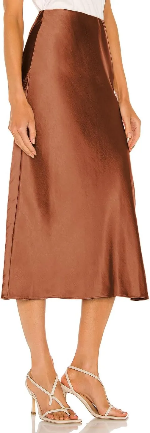 Womens Satin Midi Skirt Elastic High Waist Silky A Line Slit Skirts