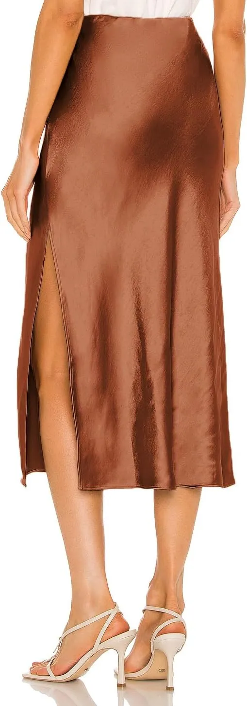 Womens Satin Midi Skirt Elastic High Waist Silky A Line Slit Skirts