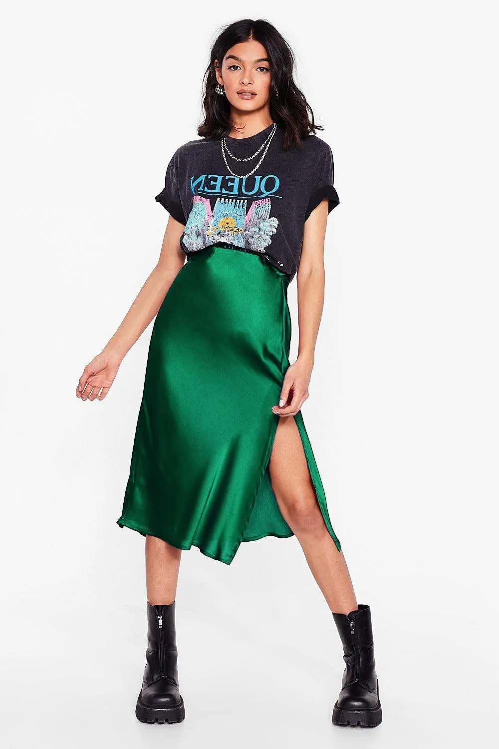 Womens Satin Midi Skirt Elastic High Waist Silky A Line Slit Skirts