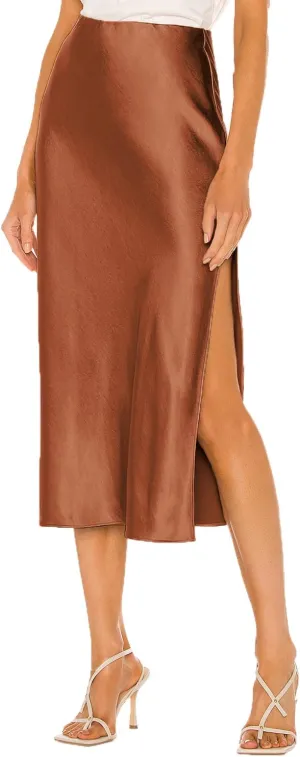Womens Satin Midi Skirt Elastic High Waist Silky A Line Slit Skirts