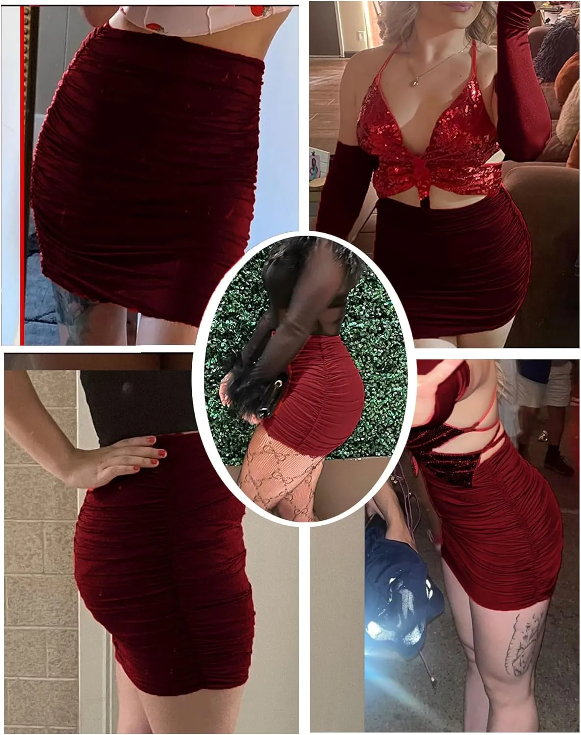 Women's Sexy Mini Skirts Ruched Bodycon Double Layer Club Skirt Trendy Short Skirts Adjustable Length
