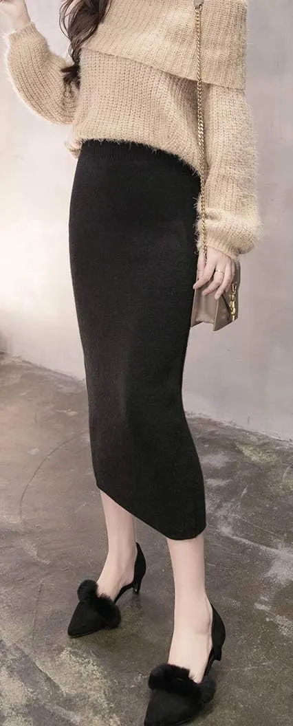 Women's Stretchy Knit Skirt Bodycon Skirts with Elastic High Waist Band and Slit