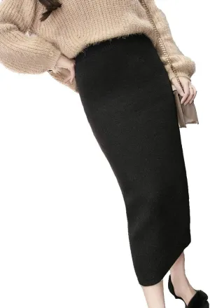Women's Stretchy Knit Skirt Bodycon Skirts with Elastic High Waist Band and Slit