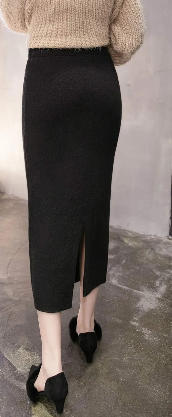 Women's Stretchy Knit Skirt Bodycon Skirts with Elastic High Waist Band and Slit