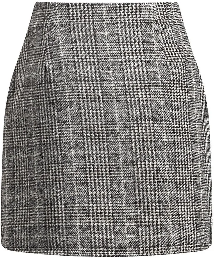 Womens Wool Plaid Mini Skirt Fall Winter High Waisted A Line Bodycon Pencil Skirt